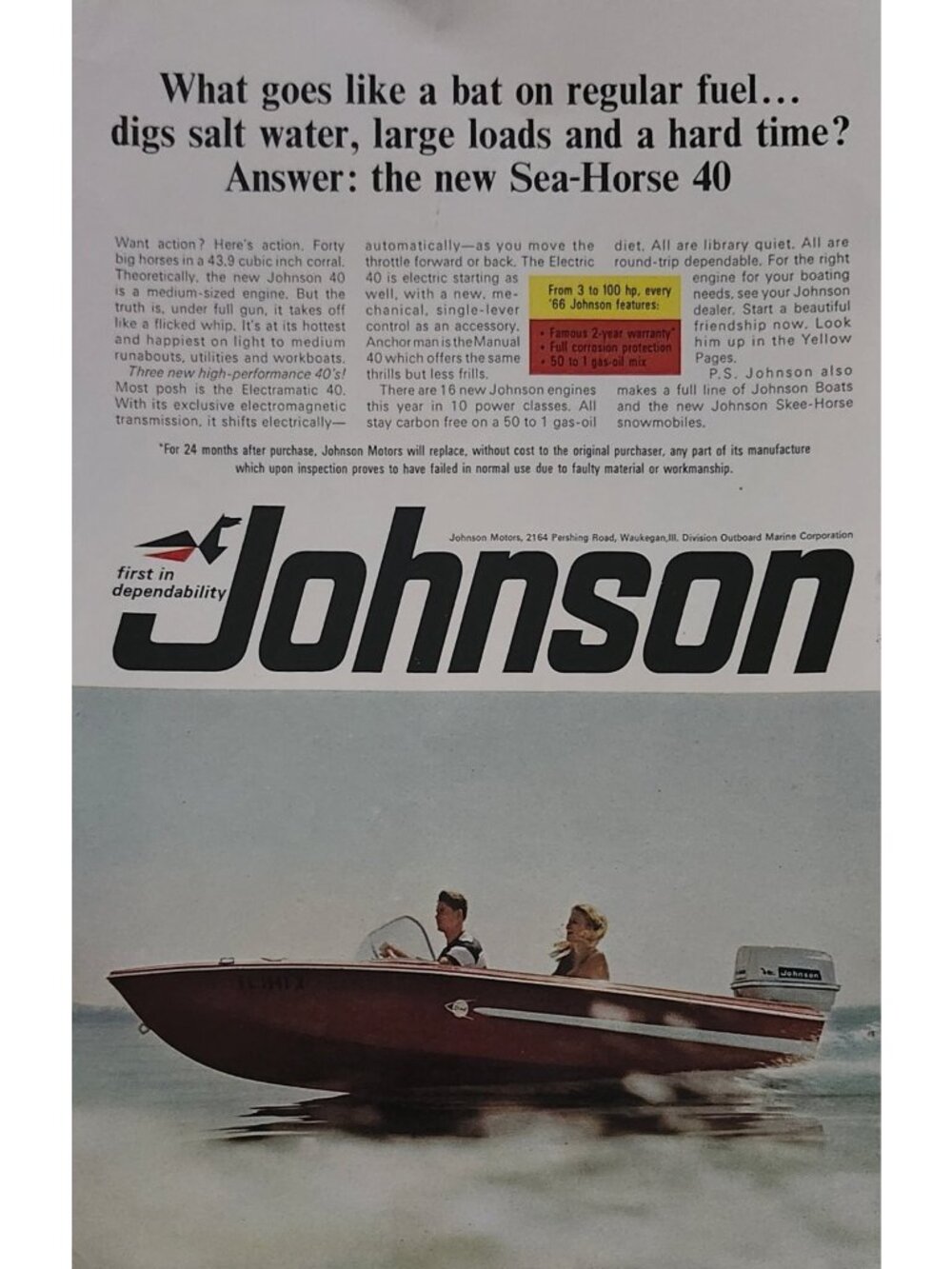 1966 Johnson Sea-Horse 40 Outboard Motor Vintage Print Ad Mid-Century Marine